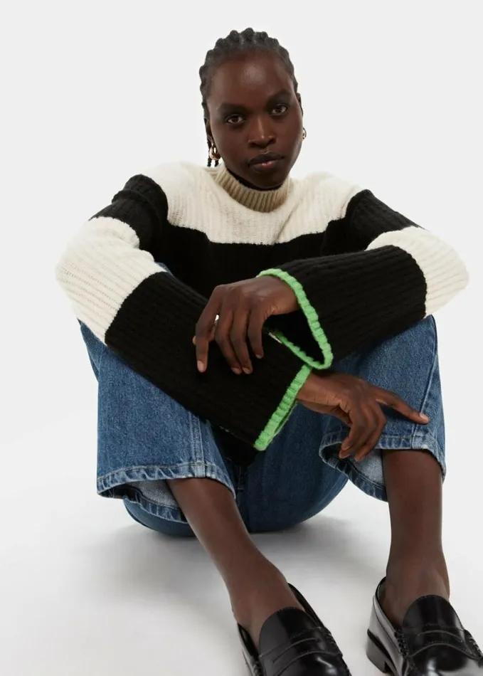 Whistles Block Stripe Rib Funnel Neck Blackwhite Women Sweaters and Cashmere