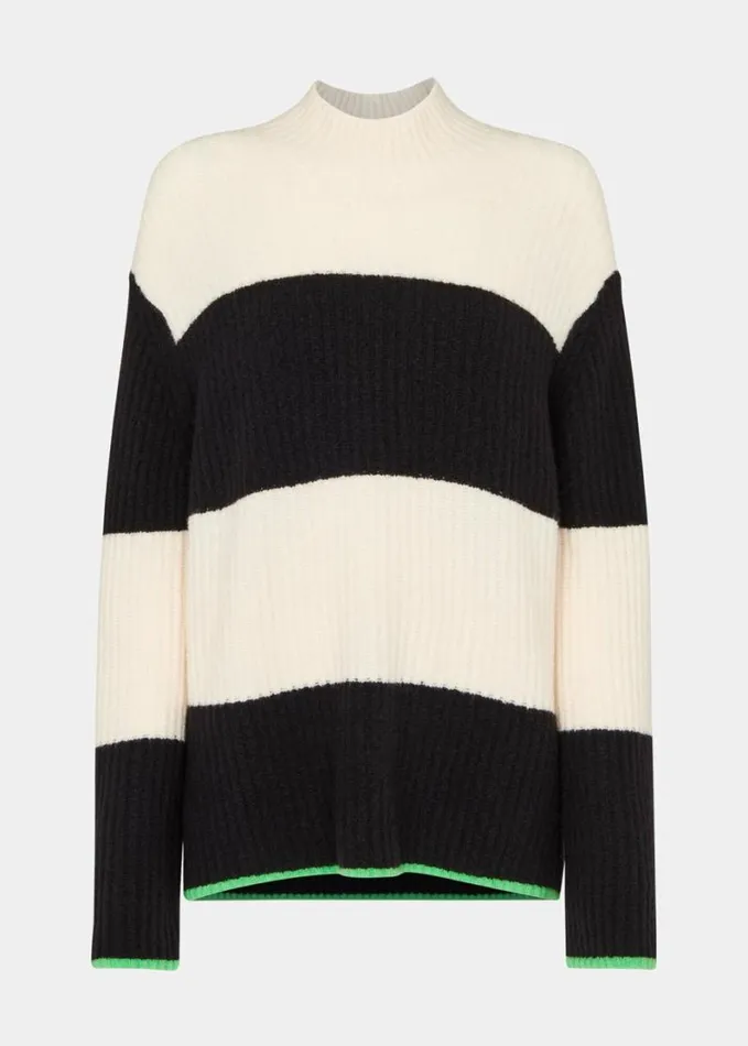 Whistles Block Stripe Rib Funnel Neck Blackwhite Women Sweaters and Cashmere