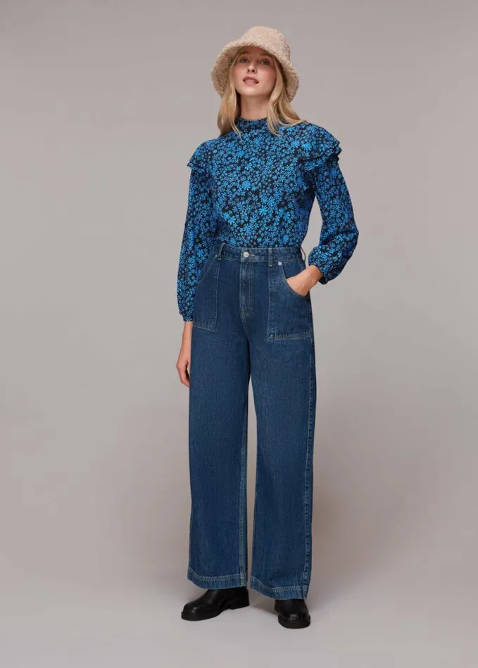 Whistles Boho Frill Shoulder Jersey Top Bluemulti Women Tops