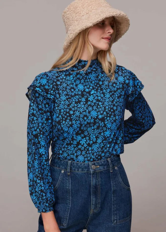 Whistles Boho Frill Shoulder Jersey Top Bluemulti Women Tops