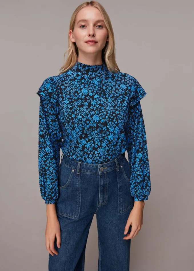 Whistles Boho Frill Shoulder Jersey Top Bluemulti Women Tops