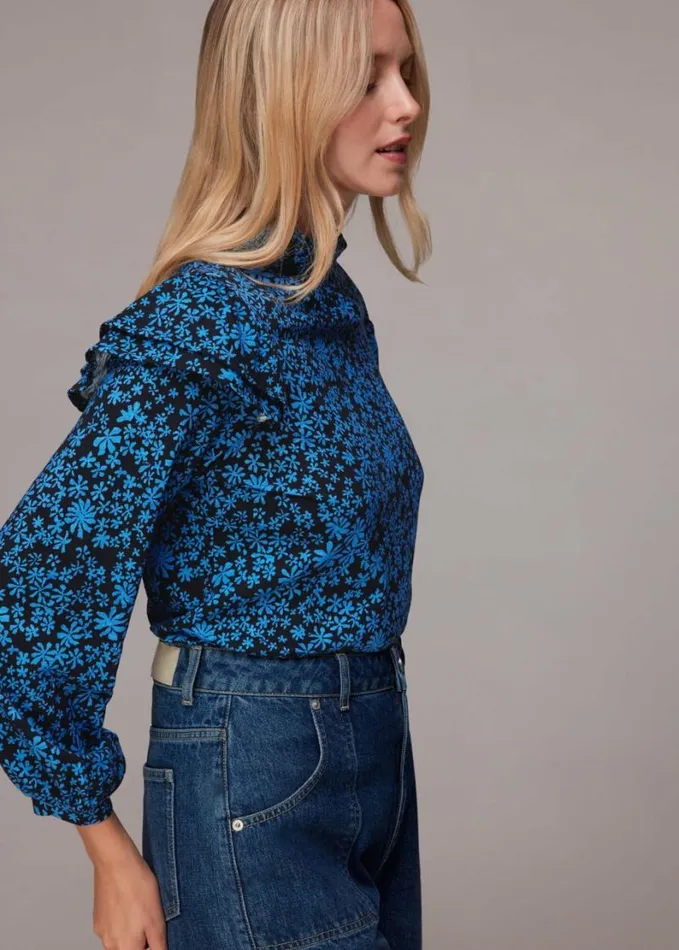 Whistles Boho Frill Shoulder Jersey Top Bluemulti Women Tops