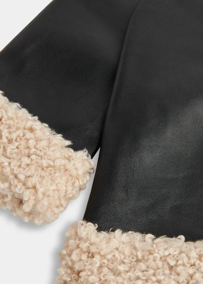 Whistles Borg Cuff Leather Mitten Black Women Hats Gloves and Scarves