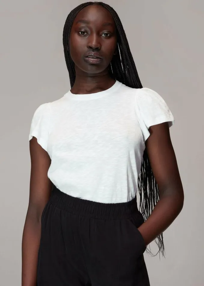 Whistles Cotton Frill Sleeve T Shirt White Women Tops