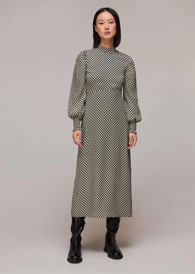 Whistles Darcie Checkerboard Midi Dress Blackmulti Women Dresses