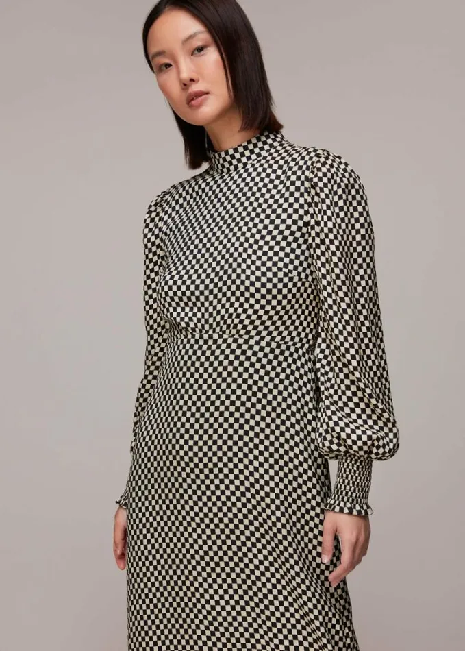 Whistles Darcie Checkerboard Midi Dress Blackmulti Women Dresses