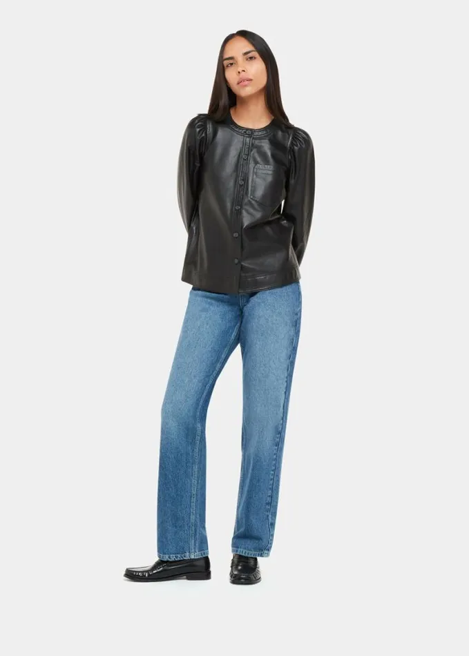 Whistles Leather Gathered Sleeve Shirt Black Women Tops