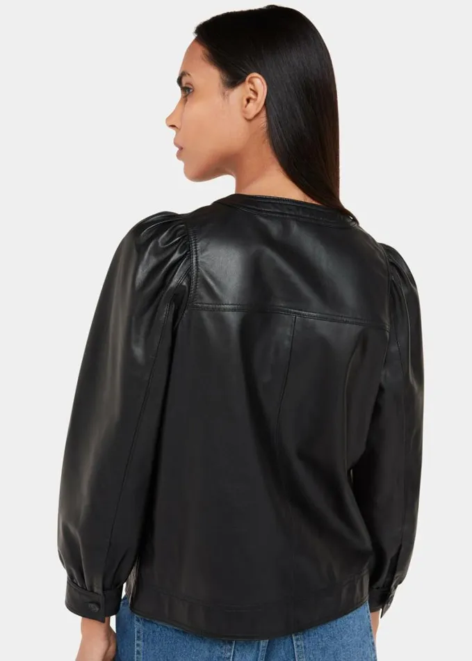 Whistles Leather Gathered Sleeve Shirt Black Women Tops