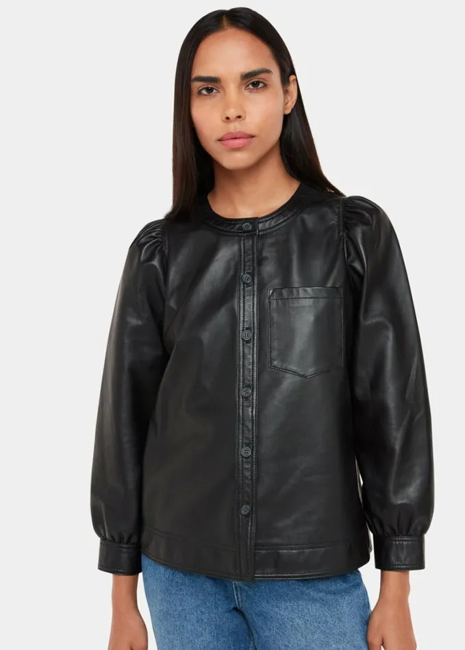 Whistles Leather Gathered Sleeve Shirt Black Women Tops