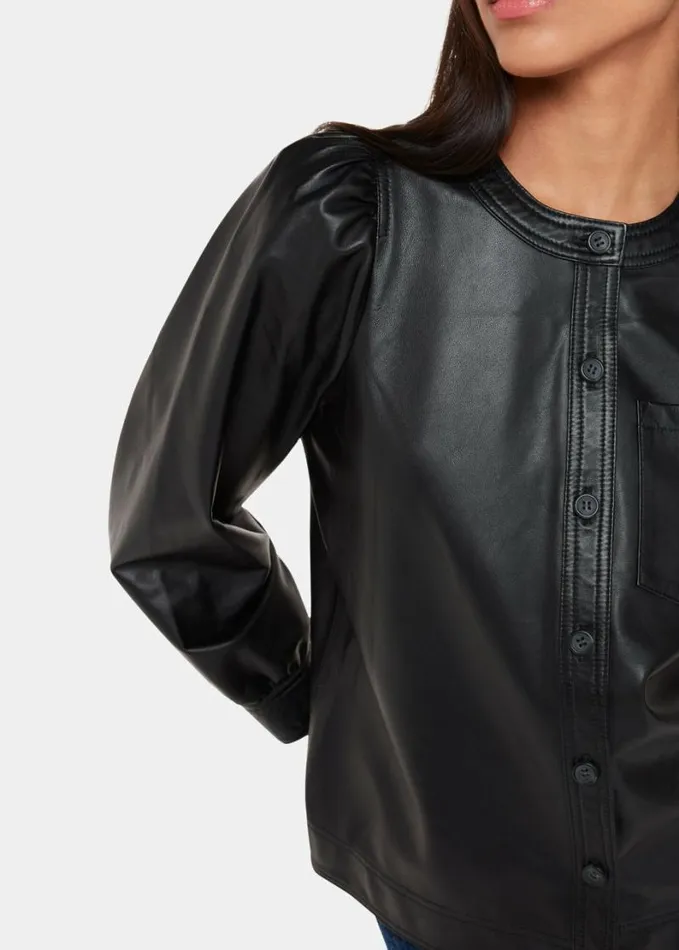 Whistles Leather Gathered Sleeve Shirt Black Women Tops