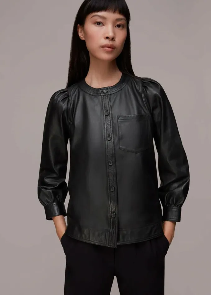 Whistles Leather Gathered Sleeve Shirt Black Women Tops