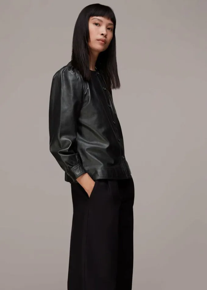 Whistles Leather Gathered Sleeve Shirt Black Women Tops