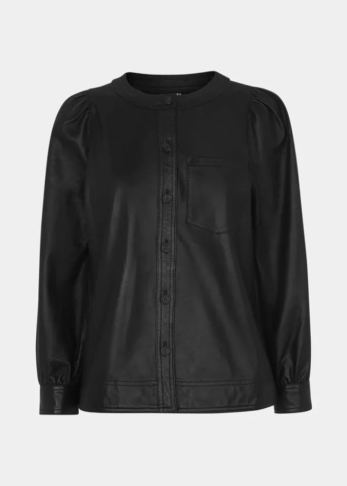 Whistles Leather Gathered Sleeve Shirt Black Women Tops