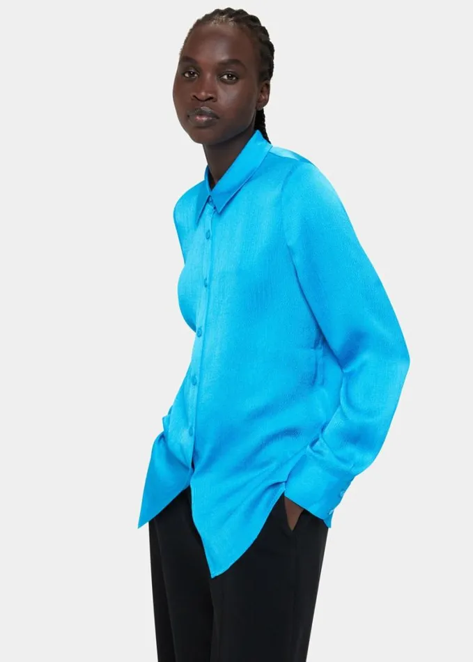 Whistles Molly Satin Shirt Turquoise Women Tops