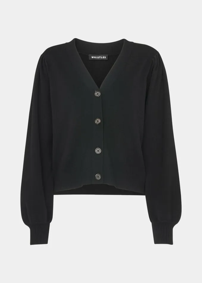 Whistles Puff Sleeve Cardigan Black Women Sweaters and Cashmere