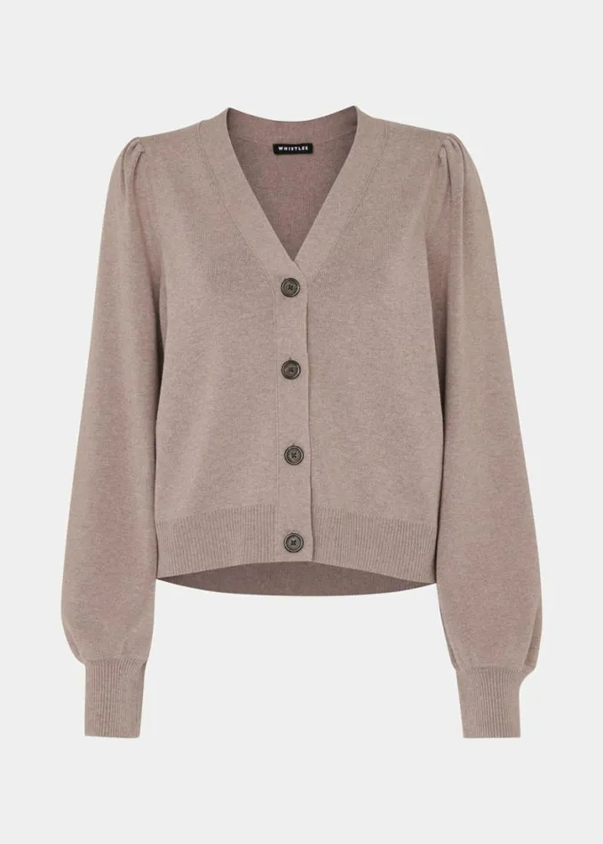 Whistles Puff Sleeve Cardigan Neutral Women Sweaters and Cashmere