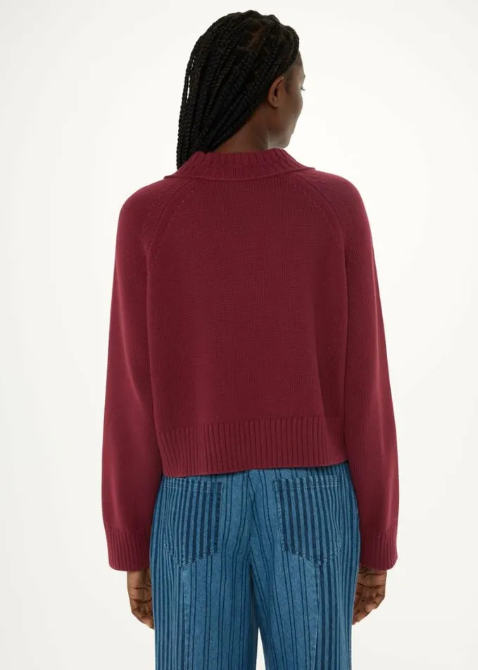 Whistles Ribbed Detail Cotton Cardigan Burgundy Women Sweaters and Cashmere