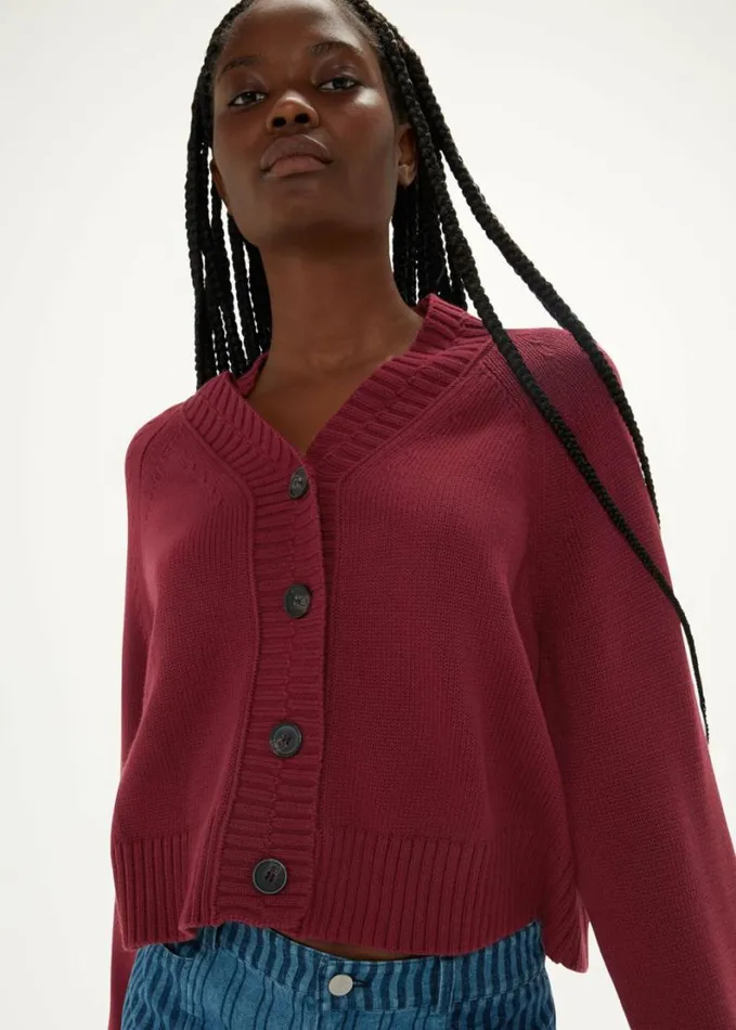 Whistles Ribbed Detail Cotton Cardigan Burgundy Women Sweaters and Cashmere