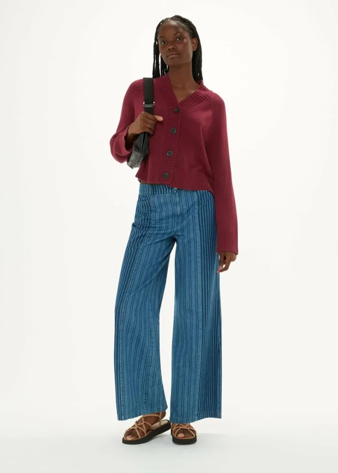Whistles Ribbed Detail Cotton Cardigan Burgundy Women Sweaters and Cashmere