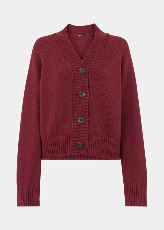 Whistles Ribbed Detail Cotton Cardigan Burgundy Women Sweaters and Cashmere
