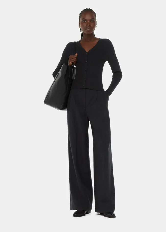 Whistles Ribbed V Neck Cardigan Black Women Sweaters and Cashmere
