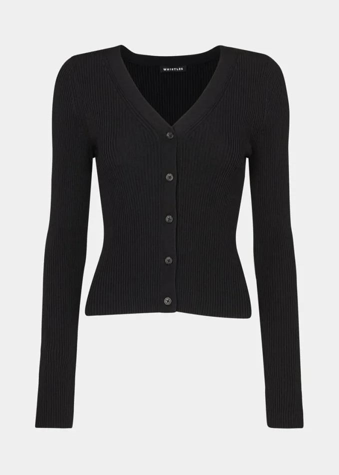 Whistles Ribbed V Neck Cardigan Black Women Sweaters and Cashmere