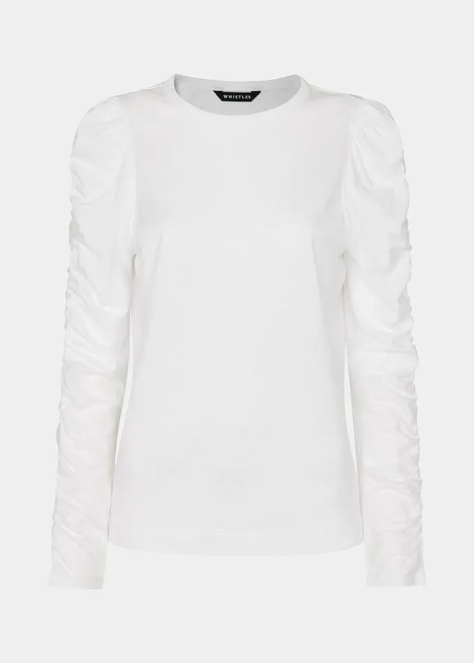 Whistles Ruched Sleeve Top White Women Tops