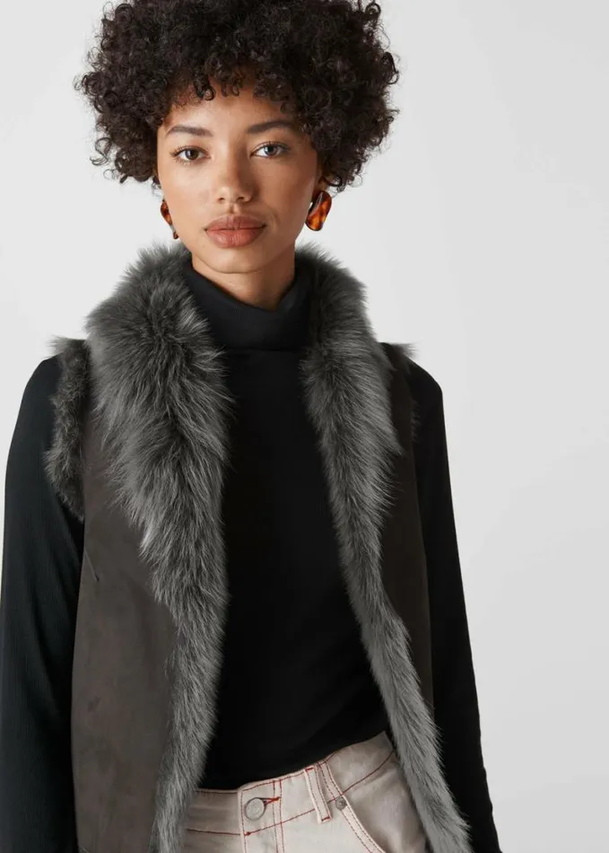 Whistles Sheepskin Reversible Gilet Grey Women Coats and Jackets