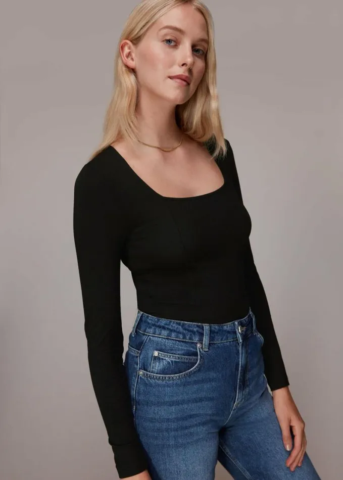 Whistles Square Neck Long Sleeve Top Black Women Tops