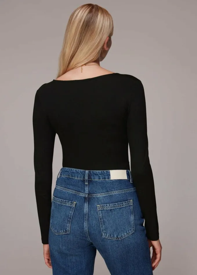 Whistles Square Neck Long Sleeve Top Black Women Tops