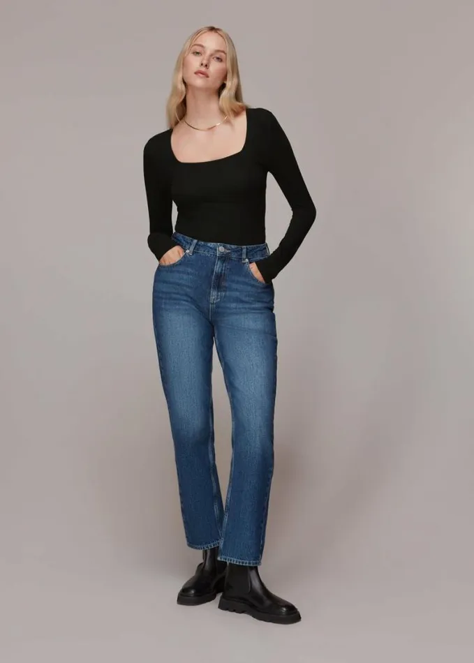 Whistles Square Neck Long Sleeve Top Black Women Tops