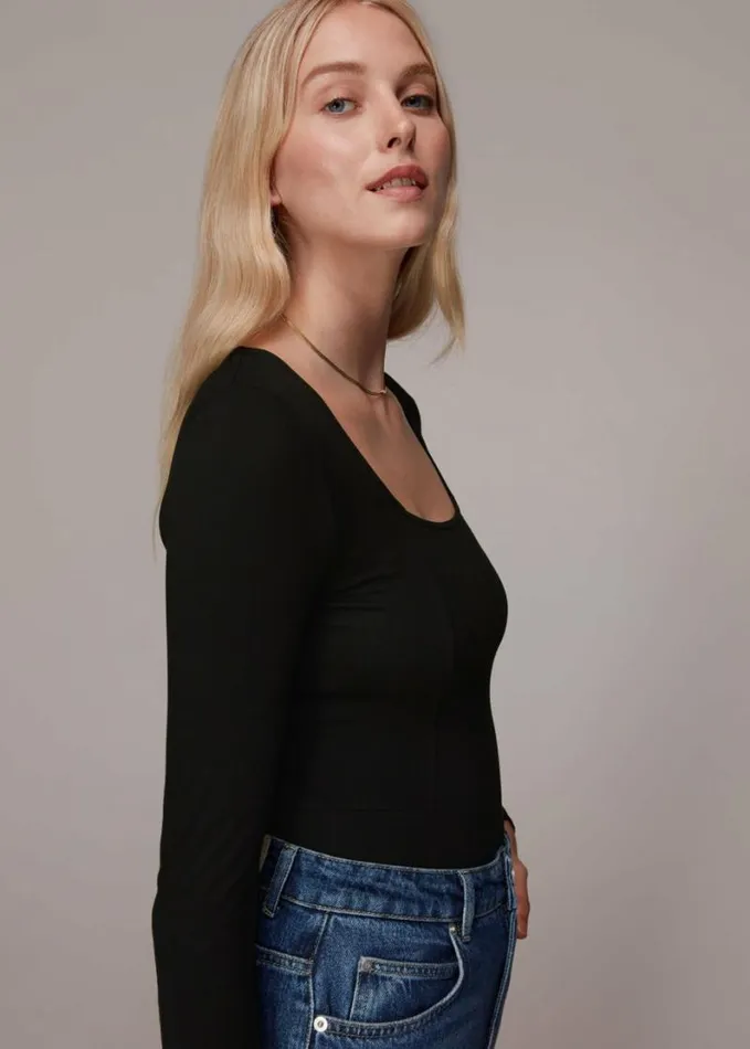 Whistles Square Neck Long Sleeve Top Black Women Tops