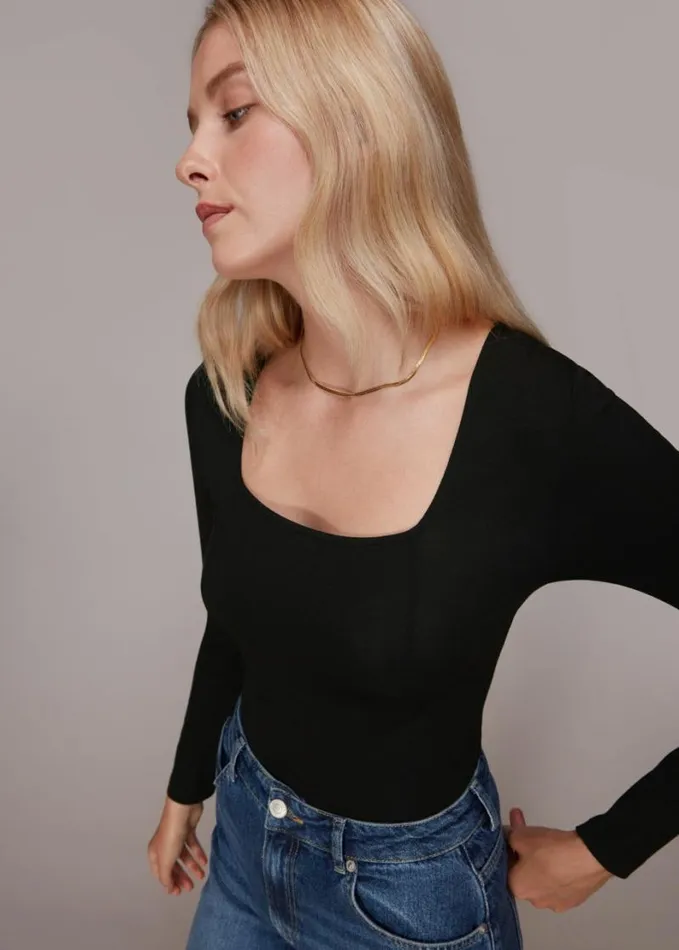 Whistles Square Neck Long Sleeve Top Black Women Tops