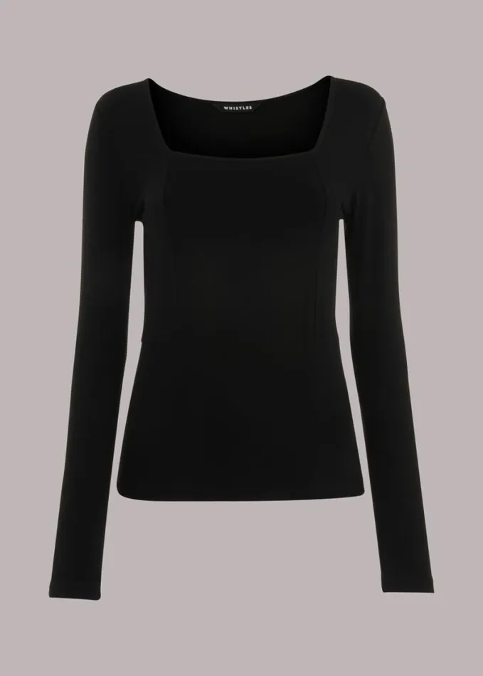 Whistles Square Neck Long Sleeve Top Black Women Tops