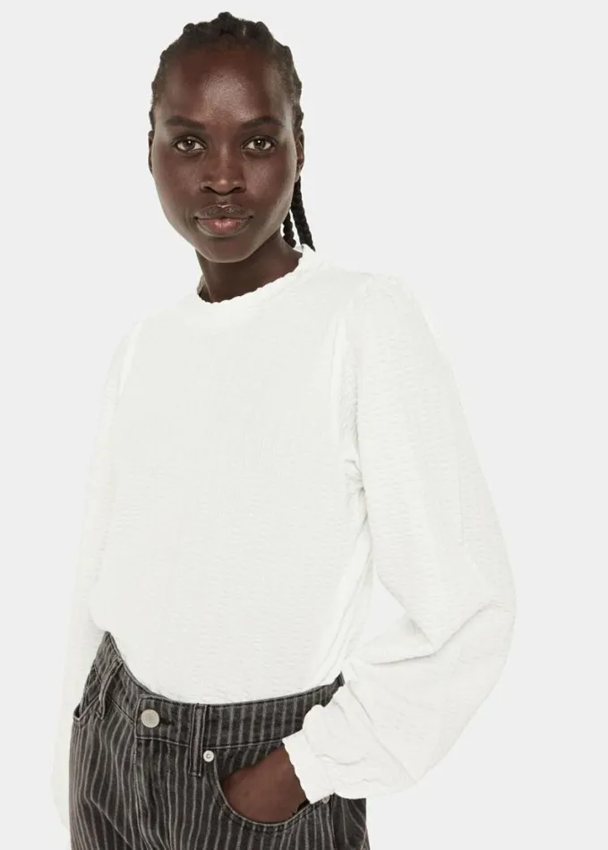 Whistles Textured Puff Sleeve Crew Neck White Women Tops