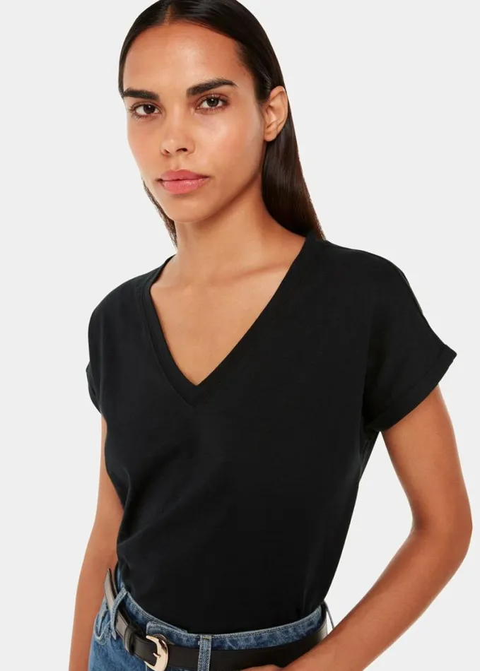 Whistles Willa VNeck Cap Sleeve Tee Black Women Tops