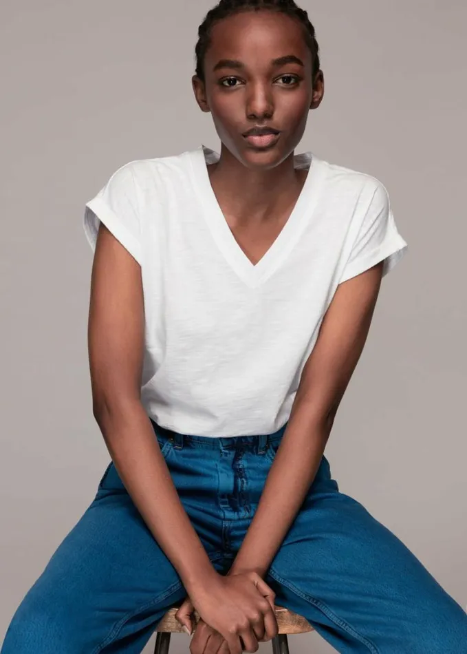 Whistles Willa VNeck Cap Sleeve Tee White Women Tops