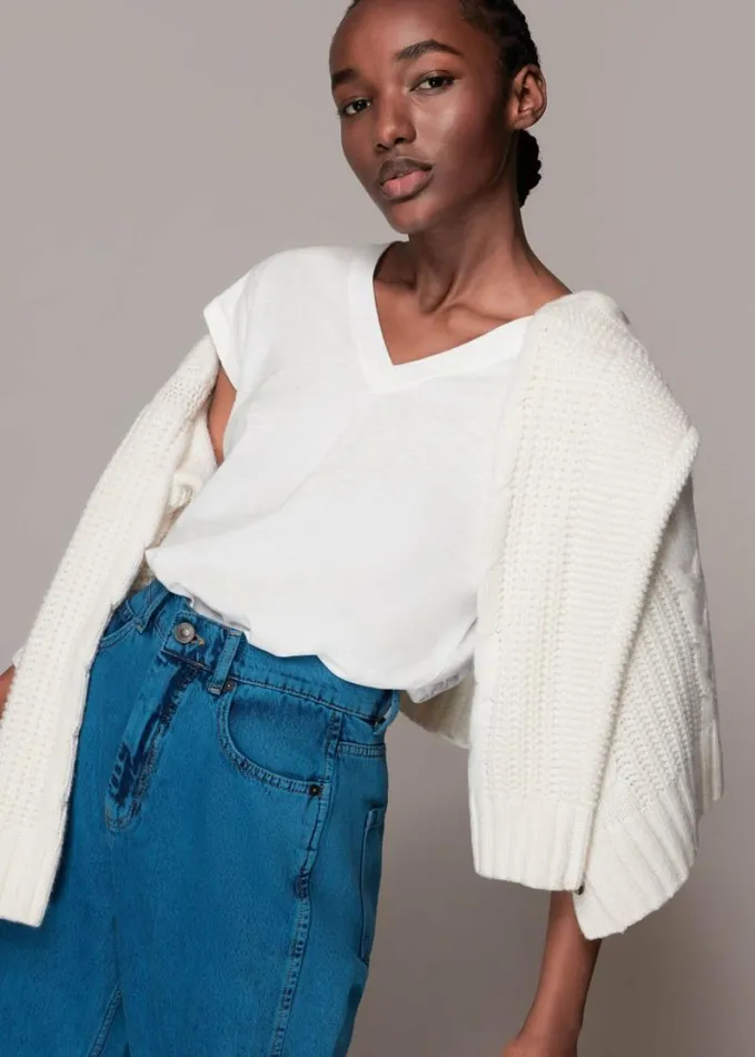 Whistles Willa VNeck Cap Sleeve Tee White Women Tops