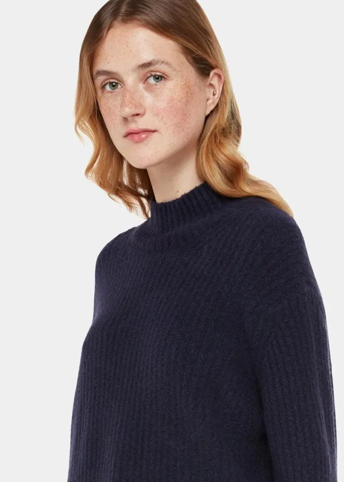 Whistles Wool Mix Rib Funnel Neck Navy Women Sweaters and Cashmere