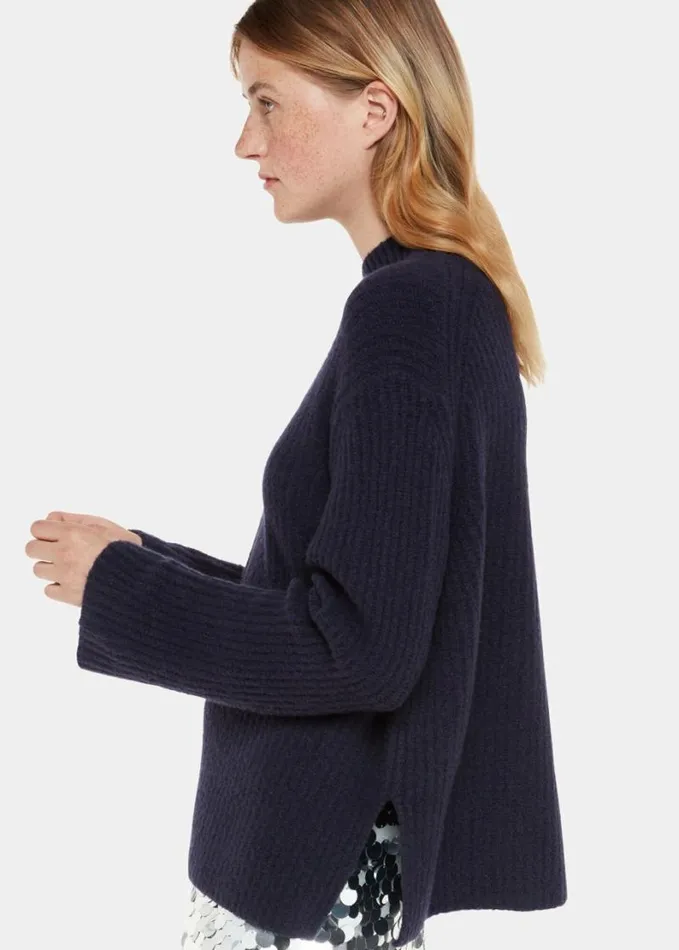 Whistles Wool Mix Rib Funnel Neck Navy Women Sweaters and Cashmere