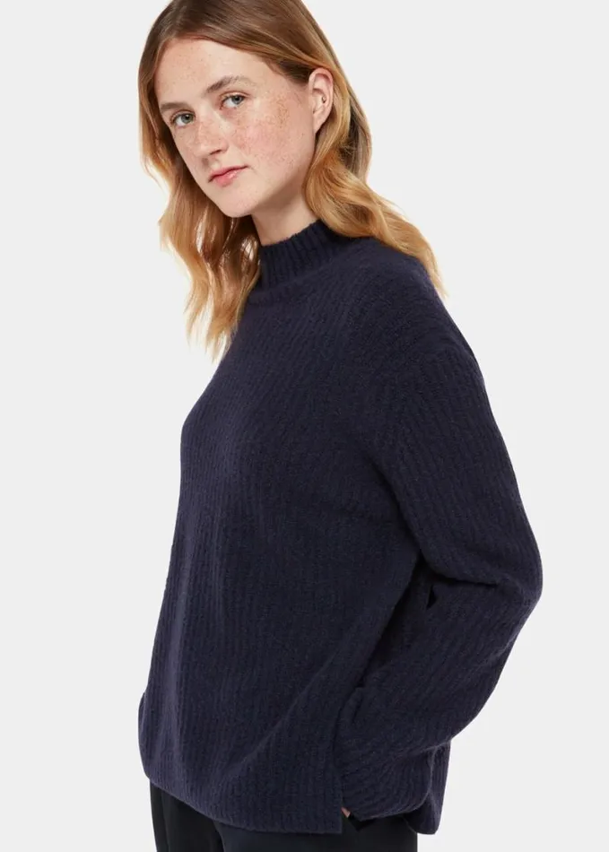 Whistles Wool Mix Rib Funnel Neck Navy Women Sweaters and Cashmere