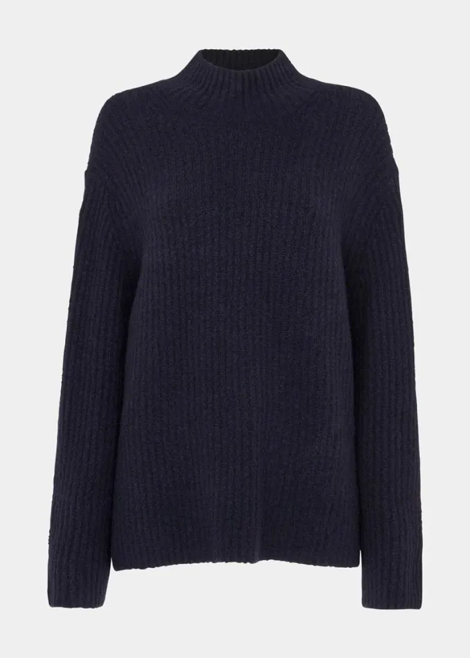 Whistles Wool Mix Rib Funnel Neck Navy Women Sweaters and Cashmere