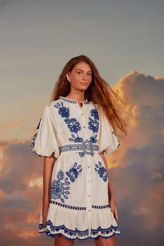 White Richelieu Euroflax Premium Linen Mini Dress Women FARM Rio Mini Dresses