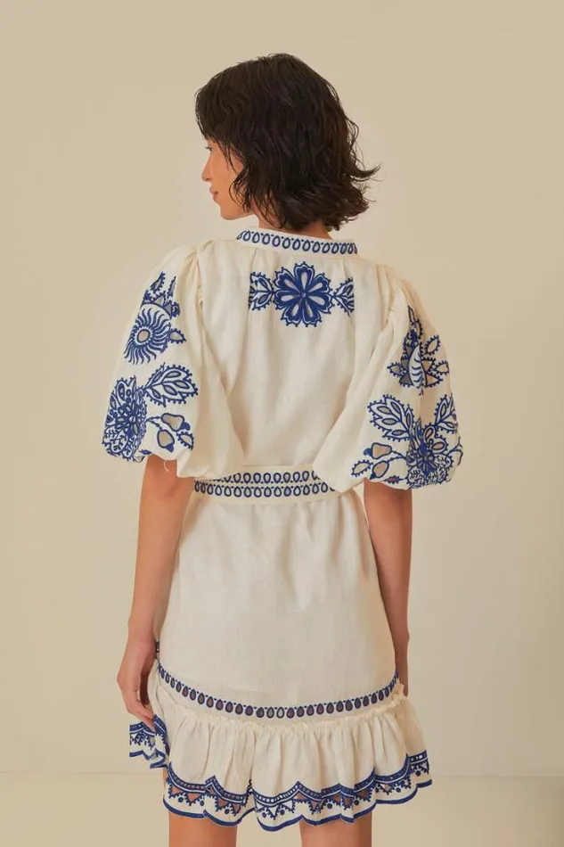 White Richelieu Euroflax Premium Linen Mini Dress Women FARM Rio Mini Dresses