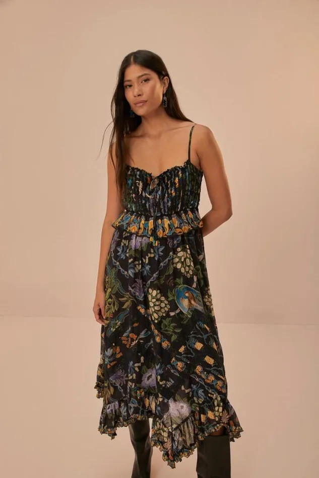 Winter Garden Black Pleated Lace Sleeveless Midi Dress Women FARM Rio Midi Dresses