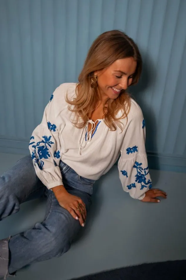 Women039s Clothing Blouses Easy Clothes Ecru And Blue Shauny Blouse