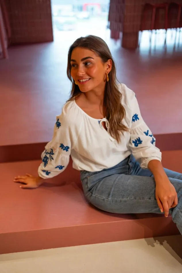 Women039s Clothing Blouses Easy Clothes Ecru And Blue Shauny Blouse