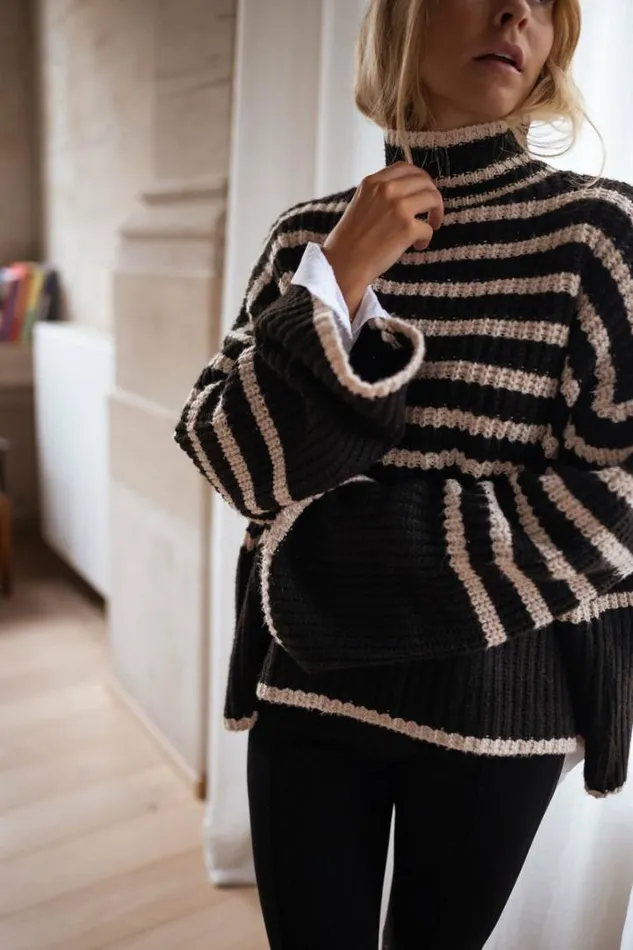 Women039s Clothing Sweaters Easy Clothes Black And Ecru Striped Genna Sweater