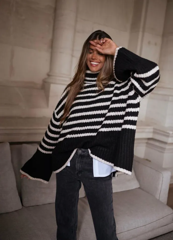 Women039s Clothing Sweaters Easy Clothes Black And Ecru Striped Genna Sweater Women039s Clothing Sweaters Easy Clothes Black And Ecru Striped Genna Sweater