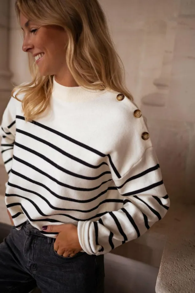 Women039s Clothing Sweaters Easy Clothes Ecru And Black Striped Manou Sweater